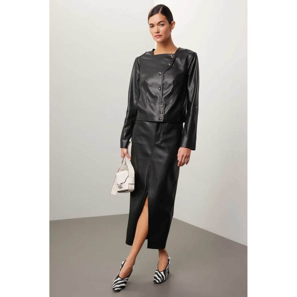 Esteban Cortazar Black Faux Leather Asymmetrical Snap Cropped Jacket 6